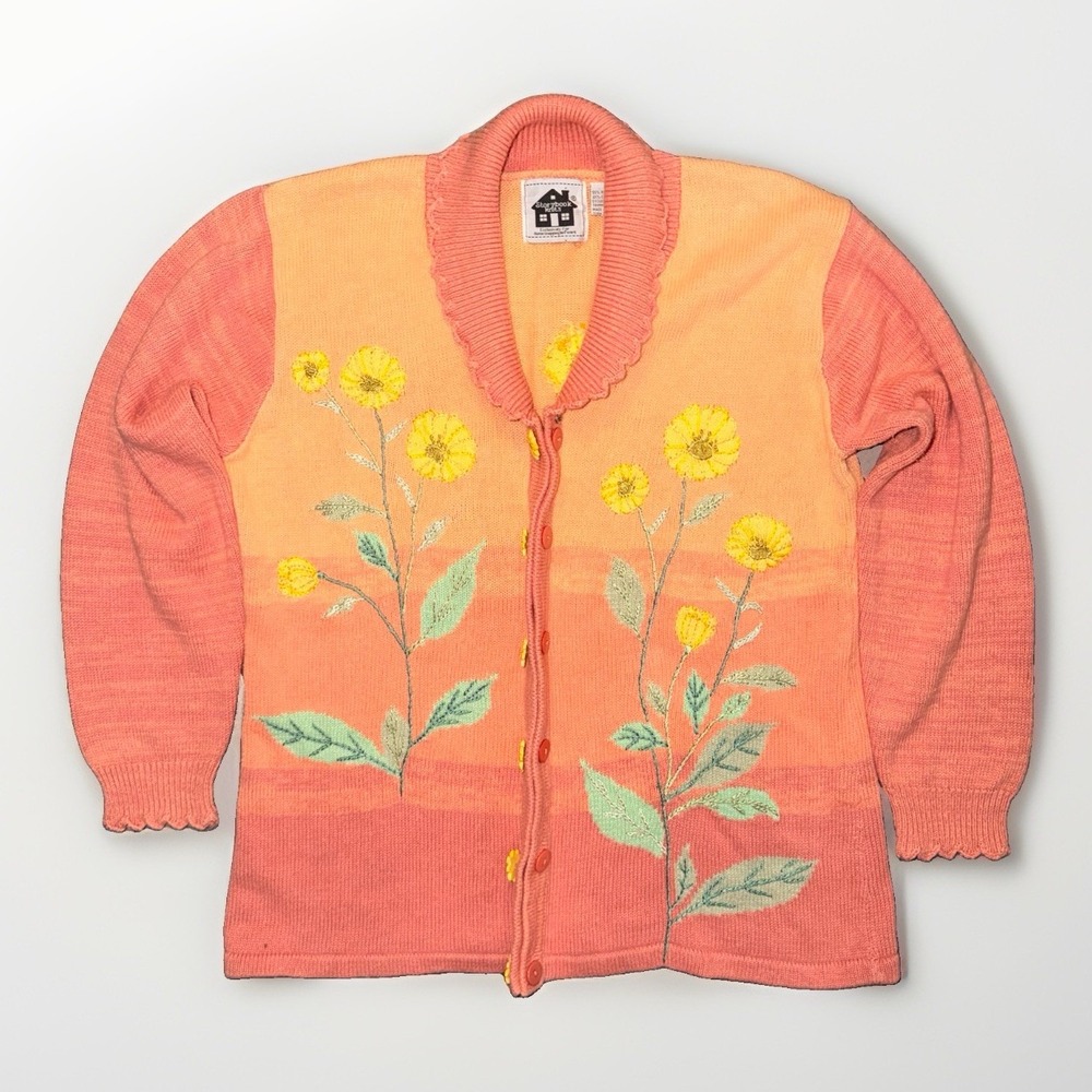 Storybook Knits Ombre Cardigan Sweater L Embroidered Floral Boho Cottagecore